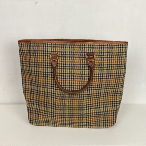 Rare J.Crew Vintage Tote Bag Classic Houndstooth Wool Plaid Leather - Picture 3 of 11